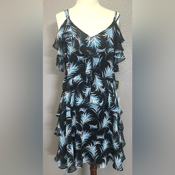 Taylor Womens Ruffle Black Blue Floral Dress w/Lining Summer Travel Size 8 - NEW - Picture 11 of 13